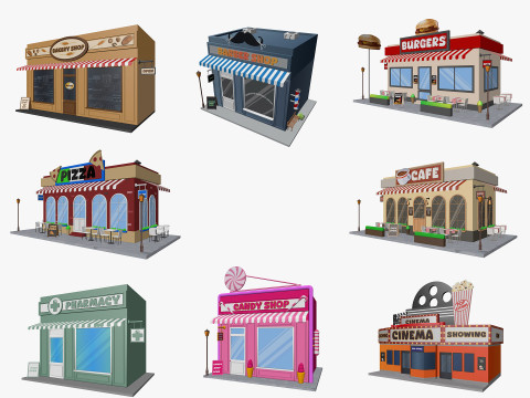 Cartoon City Buildings Shops Low-poly Modèle 3D
