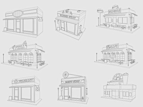 Cartoon City Buildings Shops Low-poly Model 3D