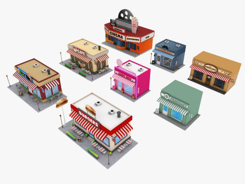 Cartoon City Buildings Shops Low-poly Model 3D