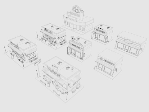 Cartoon City Buildings Shops Low-poly Model 3D