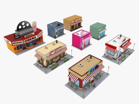 Cartoon City Buildings Shops Low-poly Model 3D