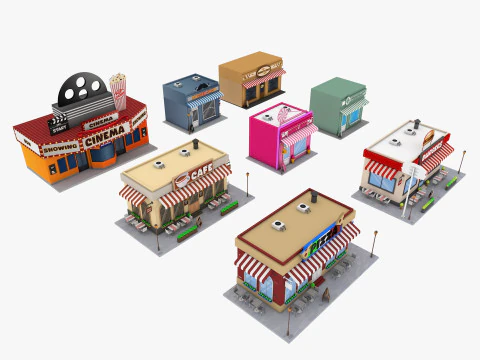 Cartoon City Buildings Shops Low-poly 3D Model
