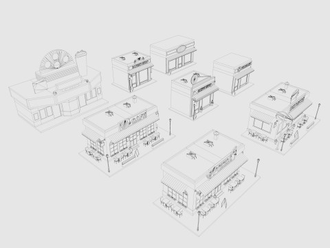 Cartoon City Buildings Shops Low-poly Model 3D