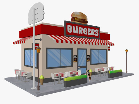 Cartoon City Buildings Shops Low-poly Model 3D