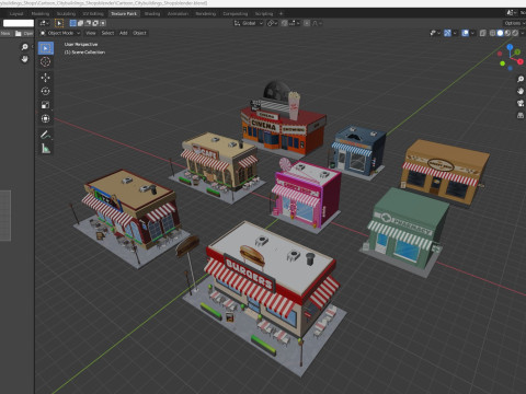 Cartoon City Buildings Shops Low-poly Model 3D
