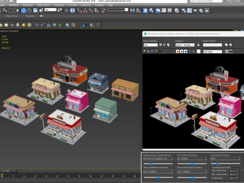 Cartoon City Buildings Shops Low-poly 3D Model