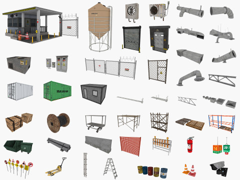 Industrial warehouse equipments props pack Low-poly 3D Модель