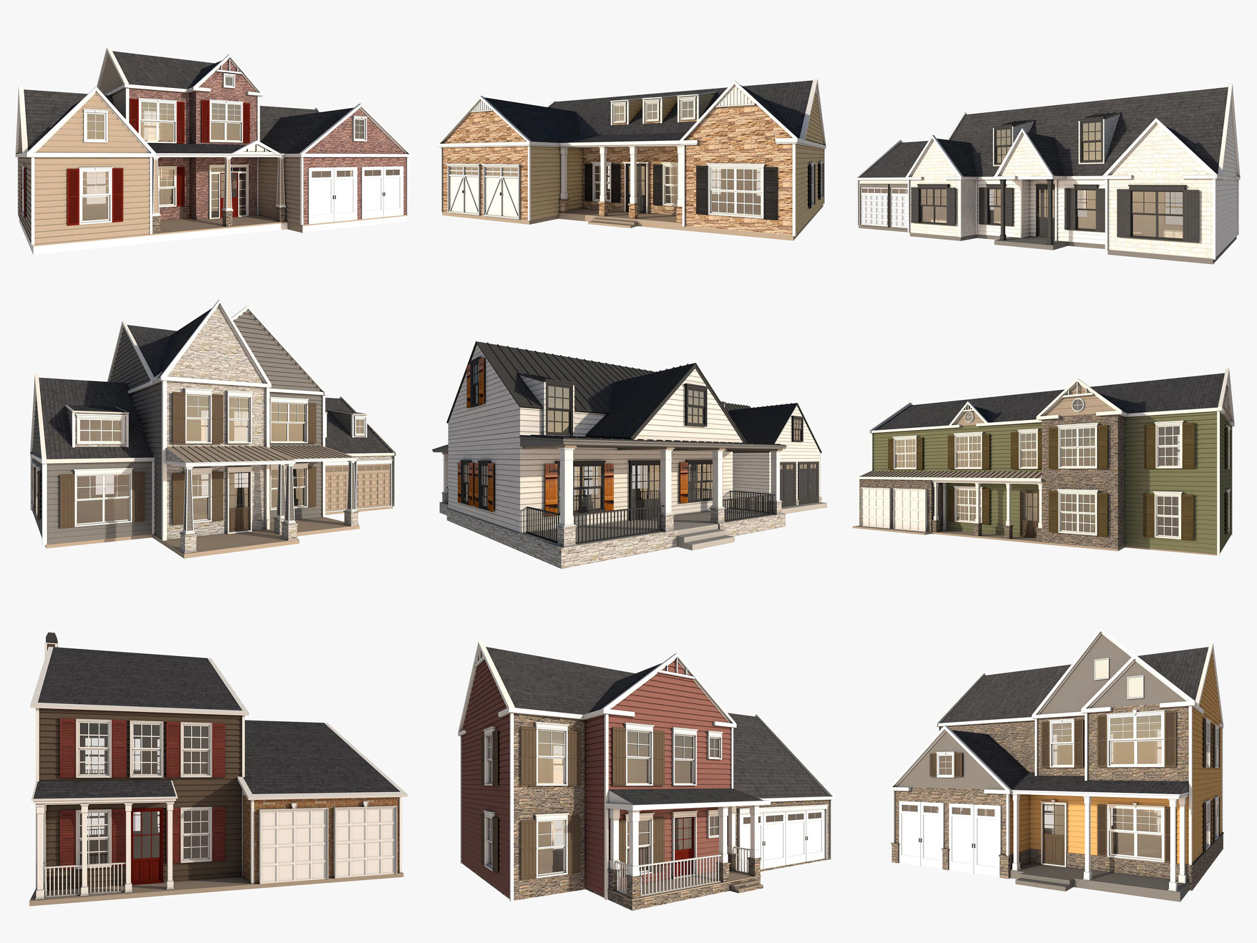 Classical American Houses Collection 3D Model .c4d .max .obj .3ds .fbx .stl .blend 