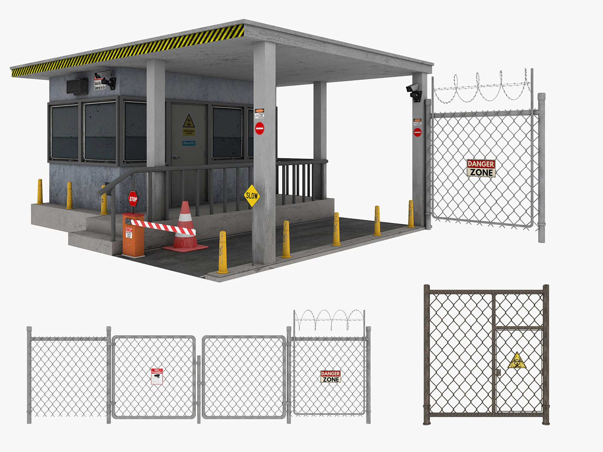 Guard Building and Wire Fence 3D Model .c4d .max .obj .3ds .fbx .stl .blend