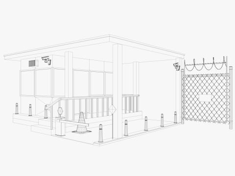 Guard Building and Wire Fence 3D Model