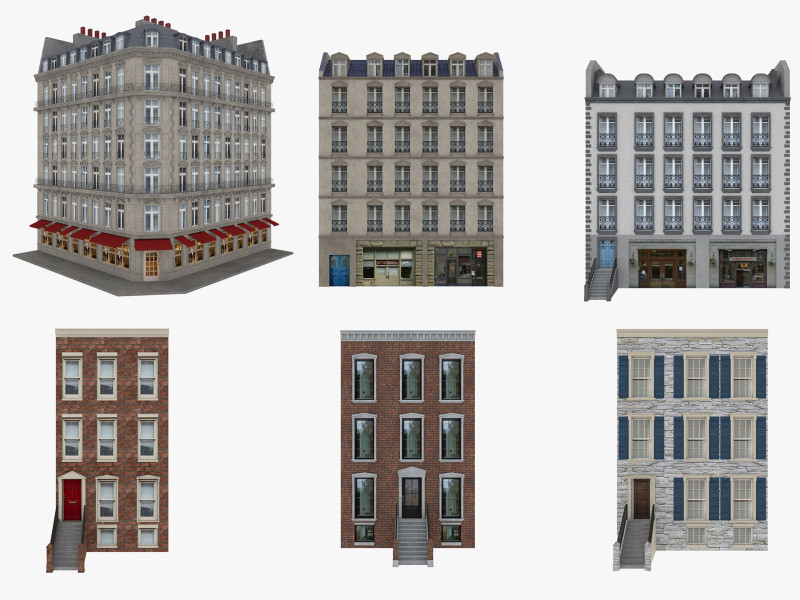 Row Houses and Parisian buildings Low-poly Modelo 3D .c4d .max .obj .3ds .fbx .stl .blend