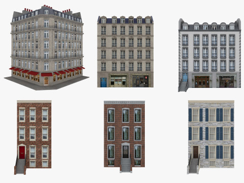 Row Houses and Parisian buildings Low-poly 3D Model