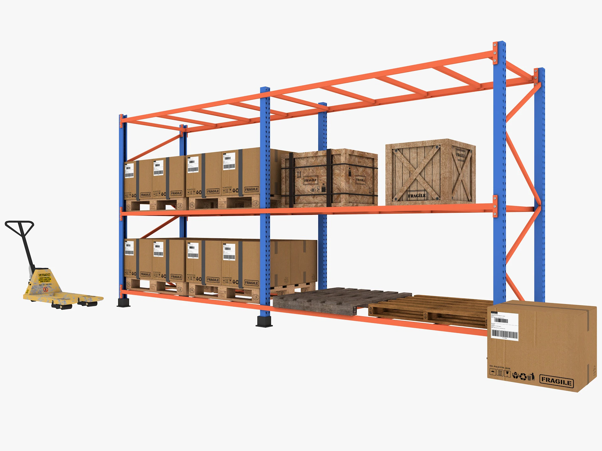 Pallet Jack and Racking Low-poly 3D Model .c4d .max .obj .3ds .fbx .stl .blend 