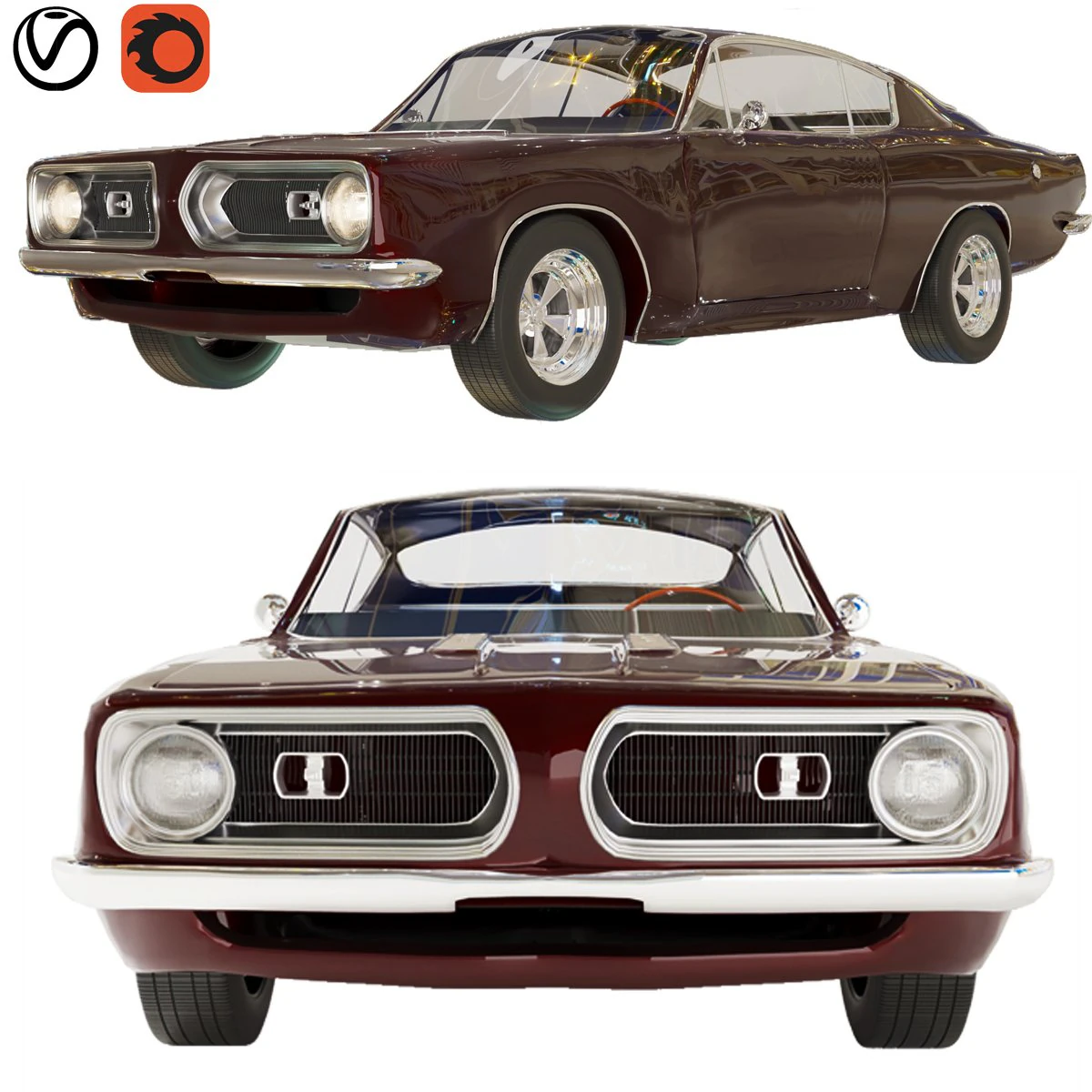 1968 plymouth barracuda maroon 3D Model .c4d .max .obj .3ds .fbx .stl .blend