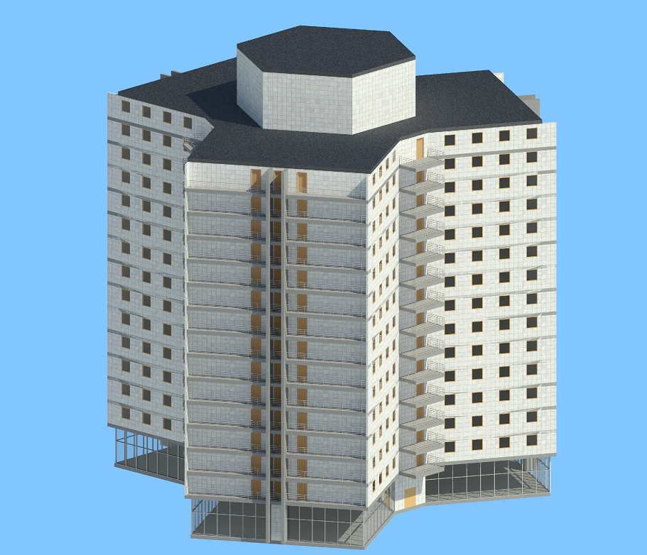 Three-sided building 3D Model .c4d .max .obj .3ds .fbx .stl .blend 