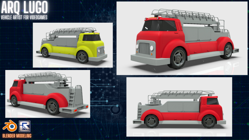 Firetruck Cartoon Vehicle Low-poly 3D Модель .c4d .max .obj .3ds .fbx .stl .blend