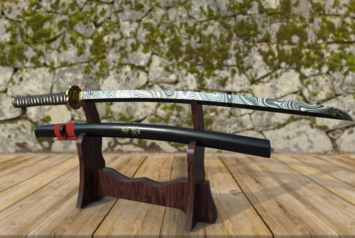 damascus steel katana 3D Model .c4d .max .obj .3ds .fbx .stl .blend