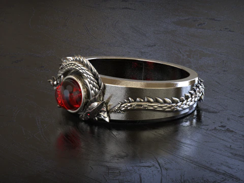 Round Stone Dragon Signet Ring 3D Print Model