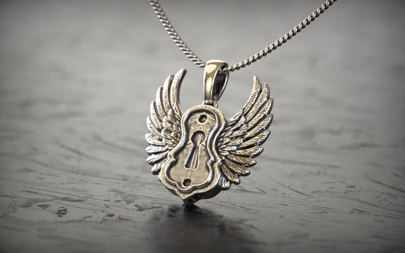 날개 달린 열쇠 구멍 펜던트 3D 프린트 모델 .c4d .max .obj .3ds .fbx .stl .blend 