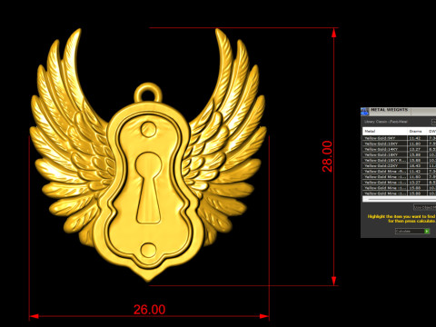 날개 달린 열쇠 구멍 펜던트 3D 프린트 모델
