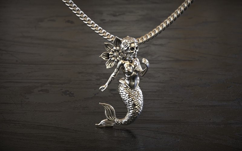 哥特式骷髅美人鱼吊坠 3D 打印模型 .c4d .max .obj .3ds .fbx .stl .blend 