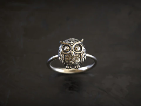 Owl Head Sculpted Gold Ring 3D Print Model