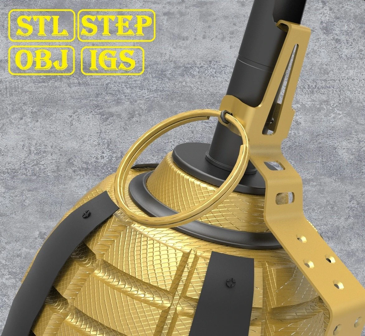 Frag gold grenade 3D Model .c4d .max .obj .3ds .fbx .stl .blend 