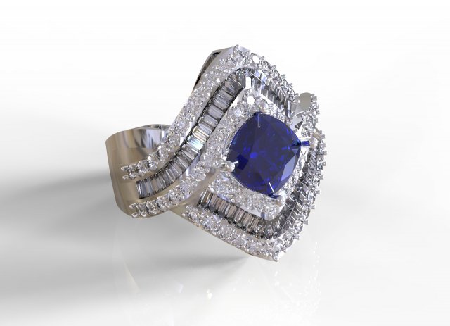 Ring with cushion 7mm baguette straight 2x1mm round 3D print model 3D Print Model .c4d .max .obj .3ds .fbx .stl .blend 