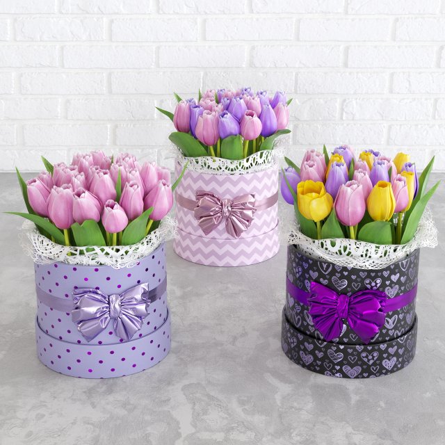 tulips in a gift box with a bow 3Dモデル .c4d .max .obj .3ds .fbx .stl .blend 