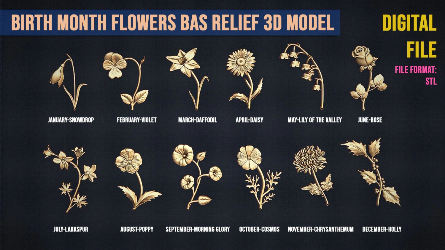 Birth Month Flowers Set Bas Relief 3D Print Model .c4d .max .obj .3ds .fbx .stl .blend