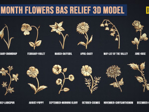 Birth Month Flowers Set Bas Relief 3Dプリントモデル