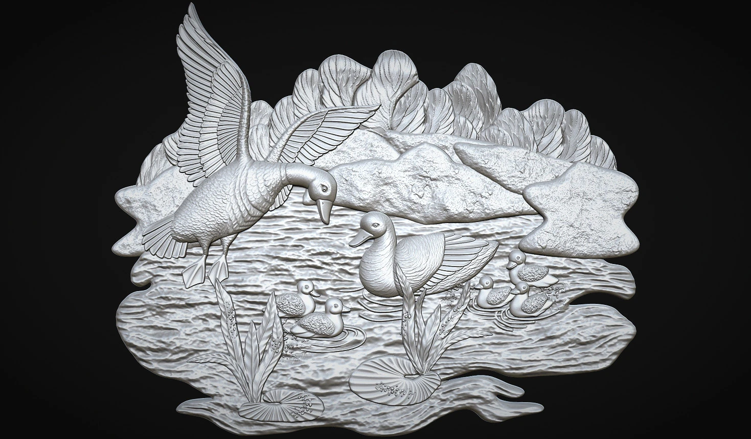 Geese on lake bas relief 3D Print Model .c4d .max .obj .3ds .fbx .stl .blend 