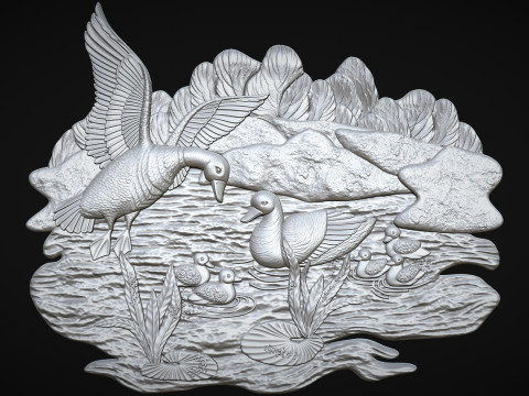 Geese on lake bas relief Model Cetak 3D