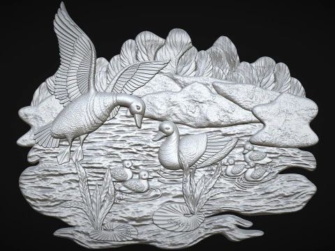 Geese on lake bas relief 3D Print Model