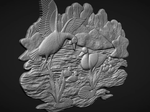 Geese on lake bas relief 3D Print Model