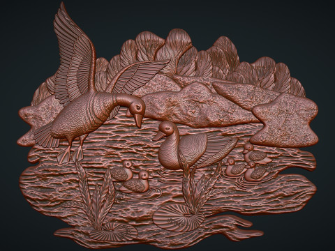 Geese on lake bas relief Modèles 3D en vedette
