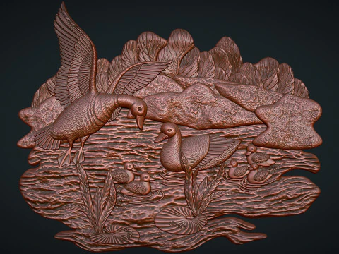 Geese on lake bas relief 3D Print Model