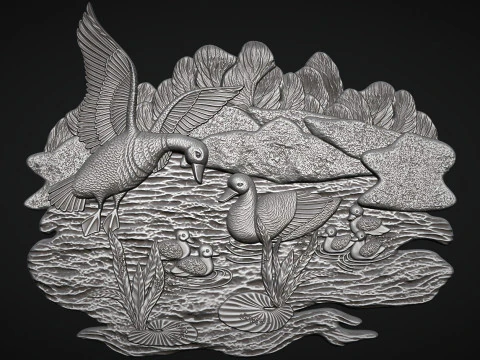 Geese on lake bas relief 3D Print Model