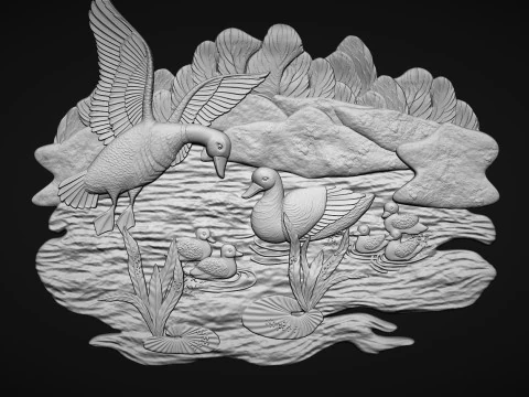 Geese on lake bas relief 3D Print Model