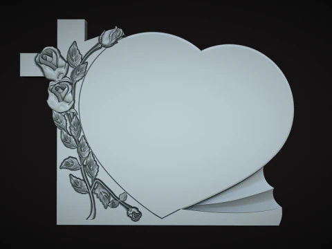 Cross and Roses Heart Shape Tombstone 3D Print Model