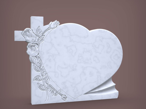 Cross and Roses Heart Shape Tombstone 3D Print Model