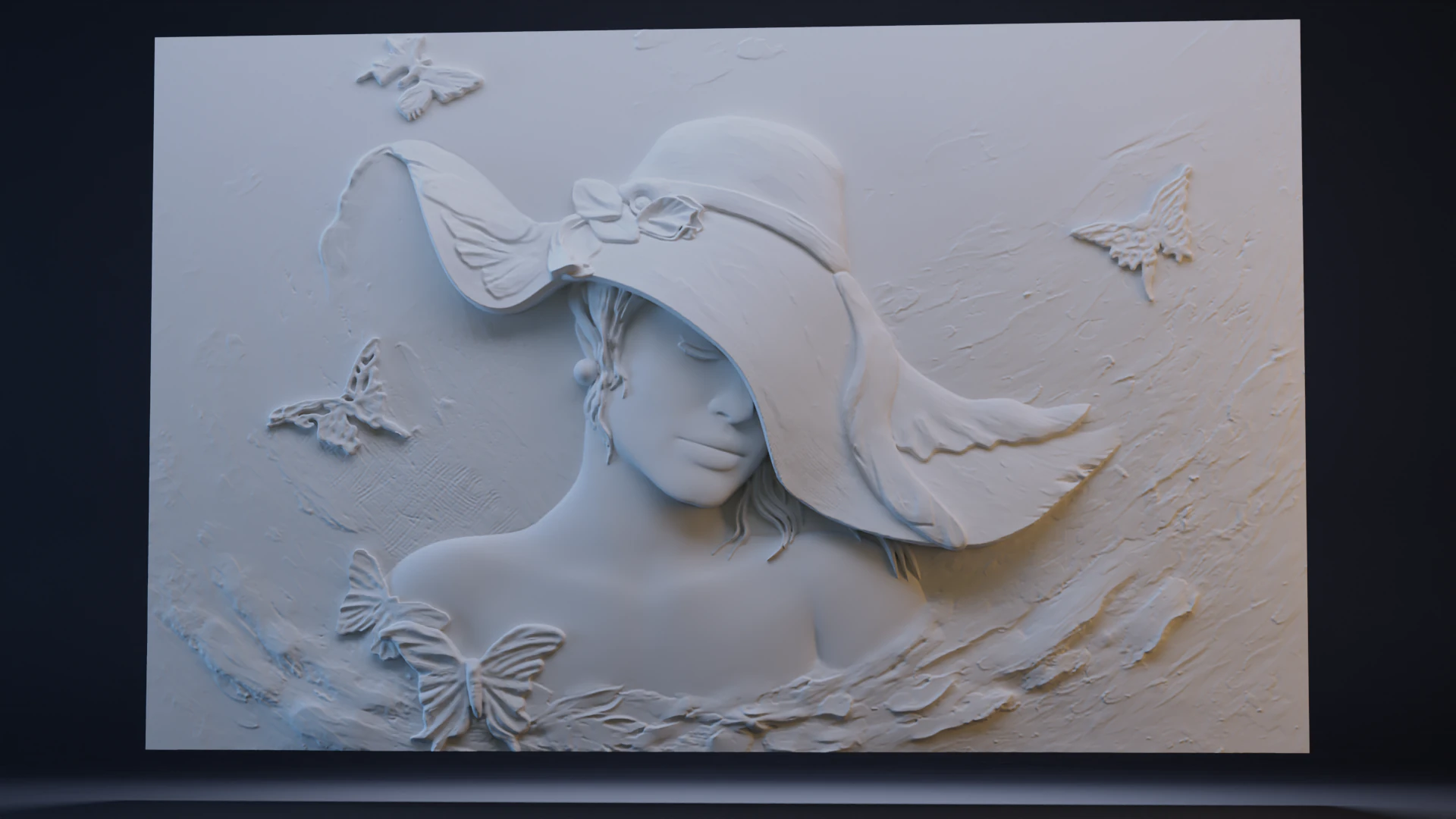 Beauty Women With Hat Bas Relief 3D Print Model .c4d .max .obj .3ds .fbx .stl .blend 