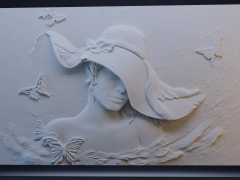 Beauty Women With Hat Bas Relief 3D Print Model