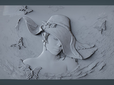 Beauty Women With Hat Bas Relief Model do druku 3D