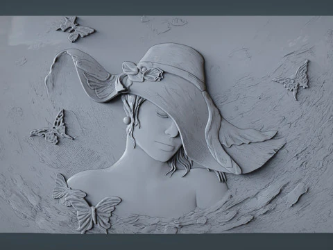Beauty Women With Hat Bas Relief 3D Print Model