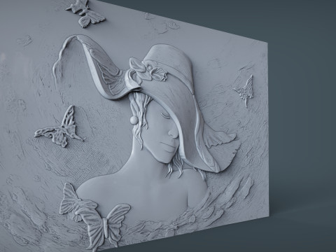 Beauty Women With Hat Bas Relief Model do druku 3D