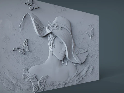 Beauty Women With Hat Bas Relief 3D Print Model