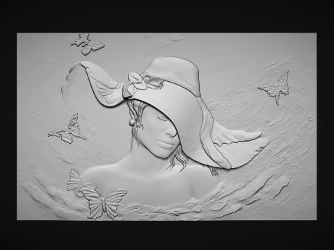 Beauty Women With Hat Bas Relief 3D Print Model