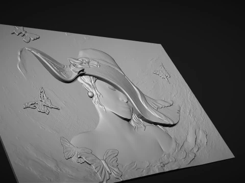 Beauty Women With Hat Bas Relief 3D Print Model
