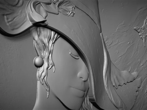 Beauty Women With Hat Bas Relief 3D Print Model